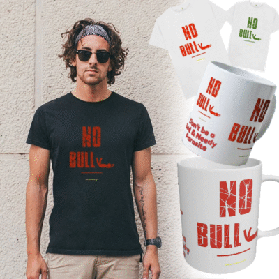 person wearing tee-shirt along side images of mugs all with no bully written on front