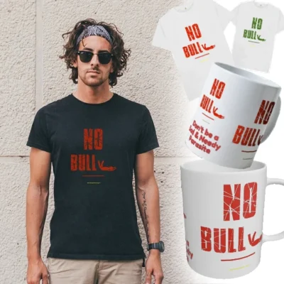 person wearing tee-shirt along side images of mugs all with no bully written on front